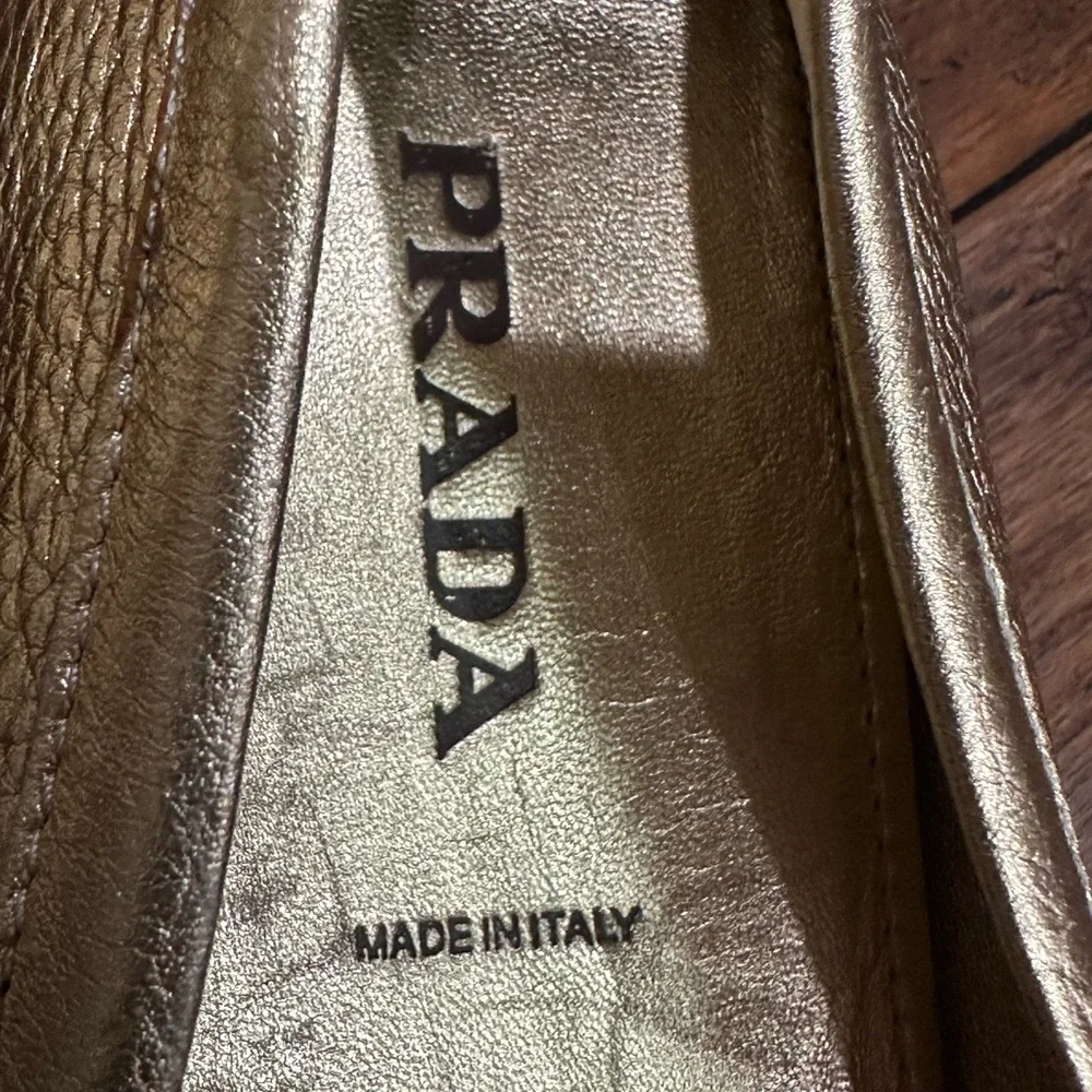 Prada Gold Pebbled Leather Loafers Made in Italy Size 37